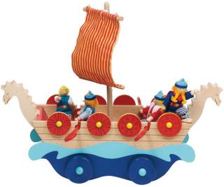Dřevěná vikingská loď s panenkami