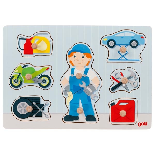 Goki Dřevěné vkládací puzzle - automechanikna stavbě