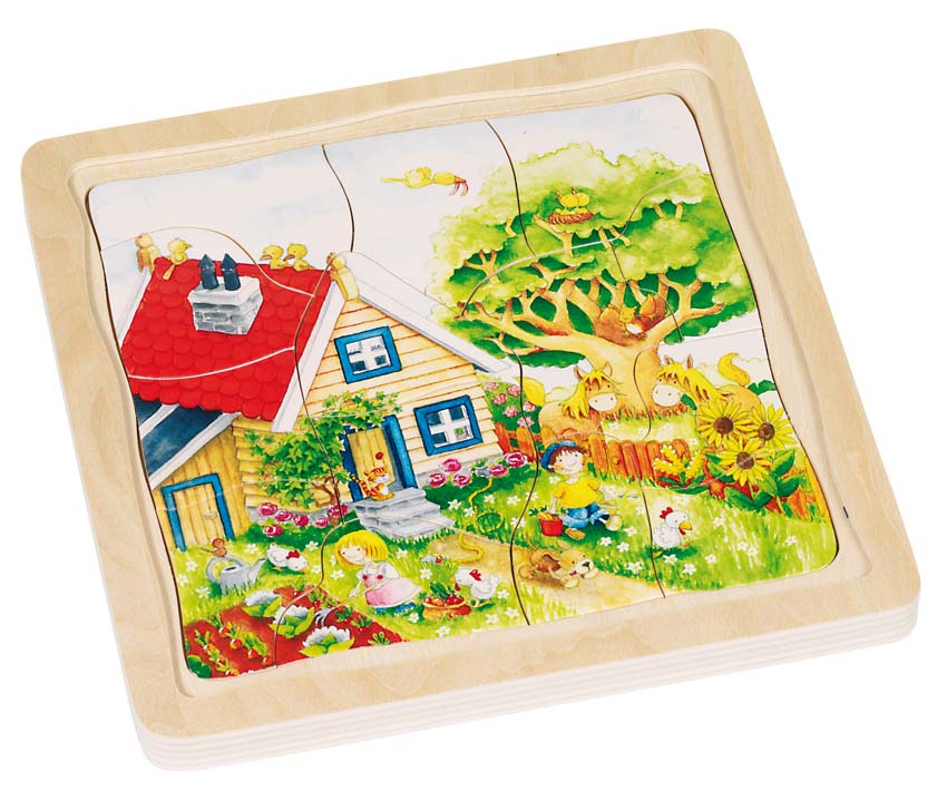 Goki Dřevěné puzzle vícevrstvé - chaloupka, 4 v 1