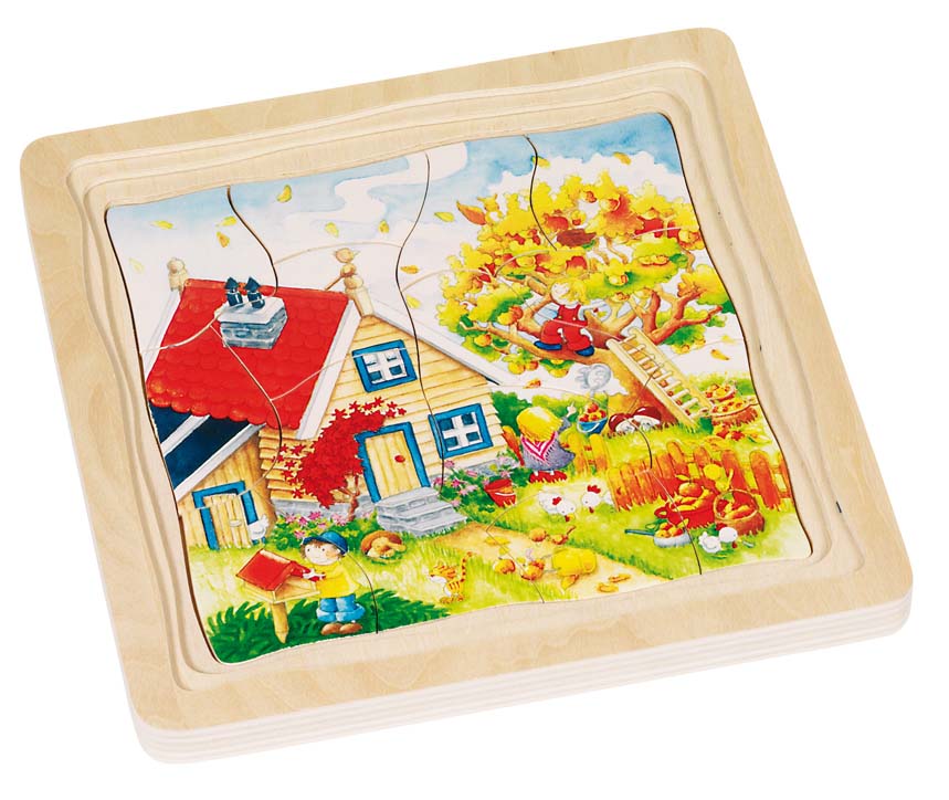 Goki Dřevěné puzzle vícevrstvé - chaloupka, 4 v 1