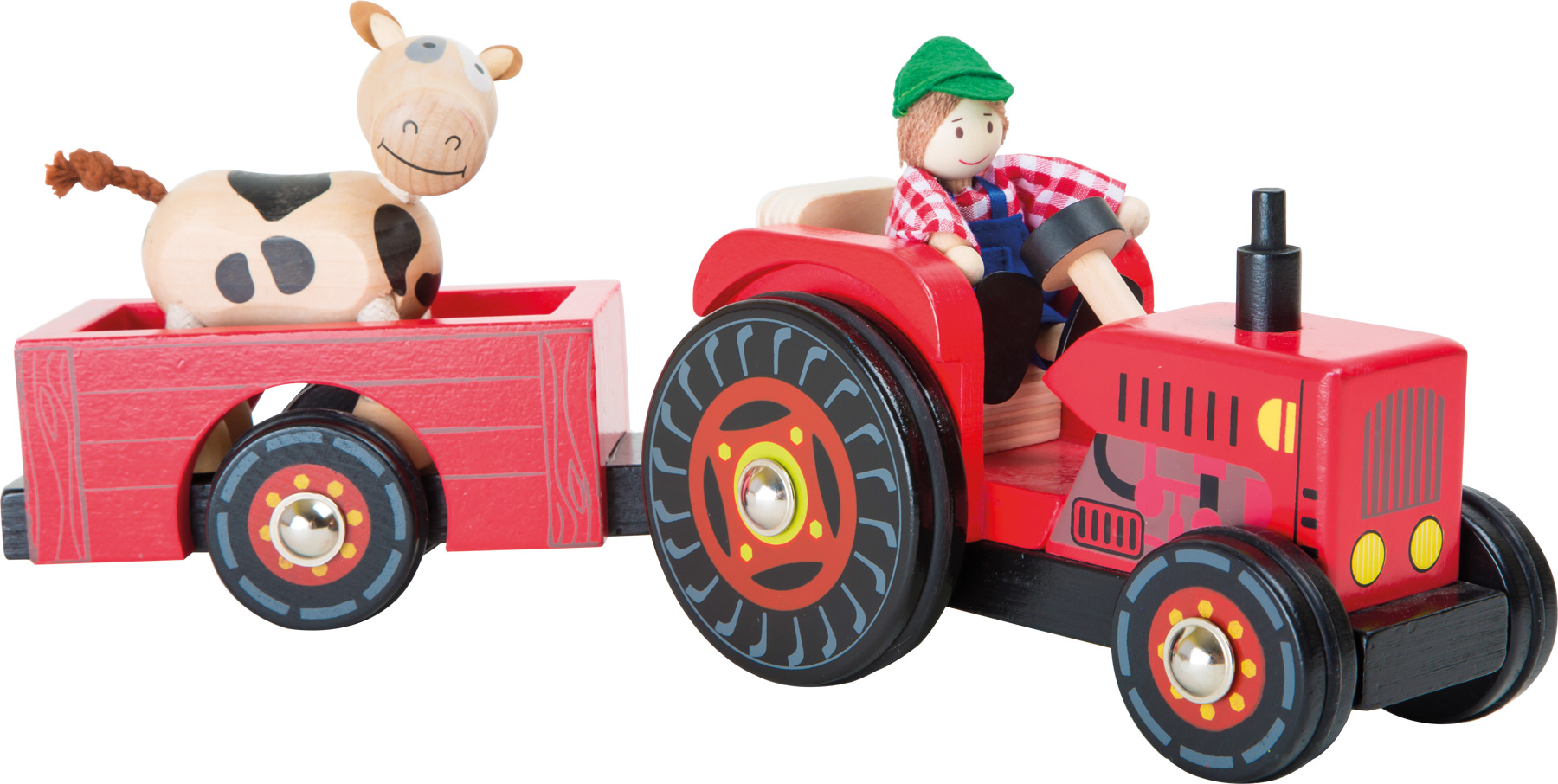 Dřevěný traktor s vlečkou,farmářem a kravičkou