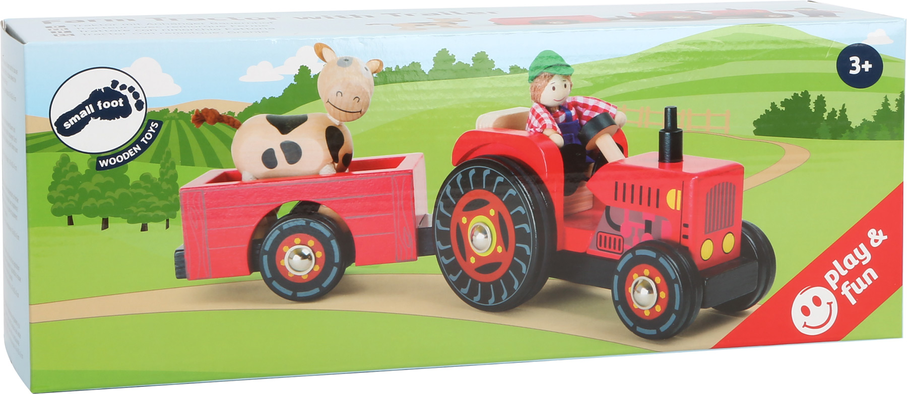 Dřevěný traktor s vlečkou,farmářem a kravičkou